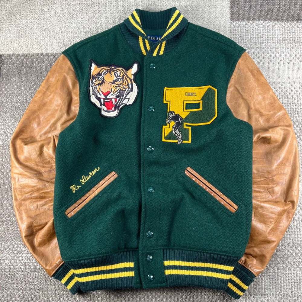 Polo Ralph Lauren RL Tigers Varsity Letterman Jacket Green Leather Wool Mens S
